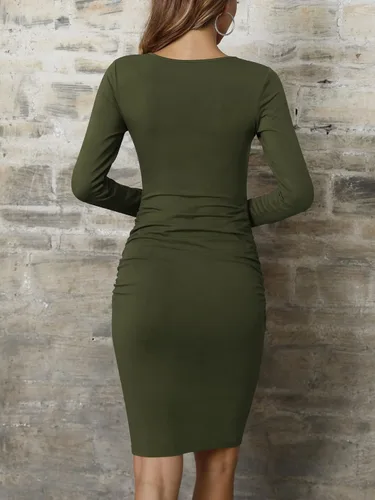 Vista 6 de Missufe - Vestido casual ajustado de manga larga para mujer fruncido vestido de verano hasta la rodilla ajustado tipo bodycon