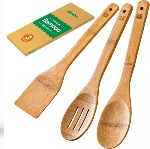 Vista 16 de Riveira Cucharas de madera de bambú para cocinar, 3 piezas, espátula de madera esencial para apartamento, cuchara antiadherente, juego de utensilios