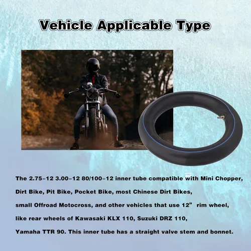 Vista 4 de Tubo interior de 2.75/3.00-12 3.00X12 80/100-12 apto para Kawasaki KLX 110, XR CRF 50 CRF70 Suzuki DRZ 110 Yamaha TTR 90 Mini Chopper Pocket Bikes