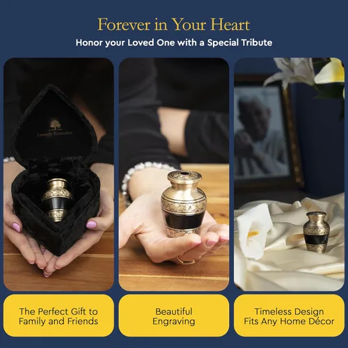 Vista 5 de Mini urnas para cenizas humanas de recuerdo – Caja de latón dorado y terciopelo de chenilla con forma de corazón