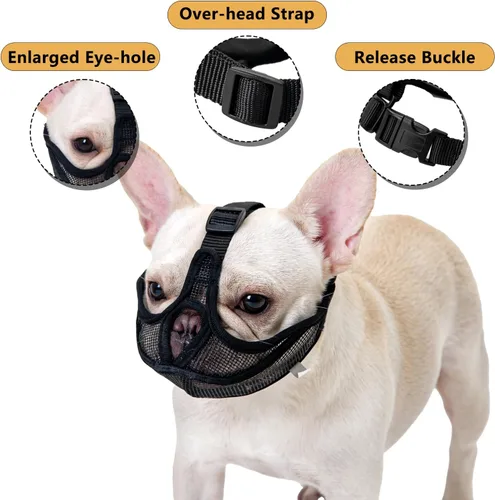 Vista 2 de OHCOZZY Bozal corto para perro, no cubre la frente, bozal de bulldog ajustable, malla transpirable ajustable, antimordeduras y ladridos (S, negro)