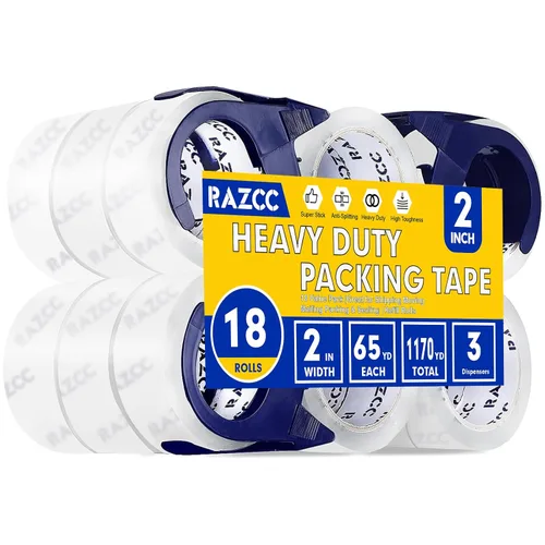 Vista 10 de RAZCC Cinta de embalaje, 12 rollos de cinta de embalaje transparente resistente con dispensadores para embalaje, envío, mudanza y correo, cinta