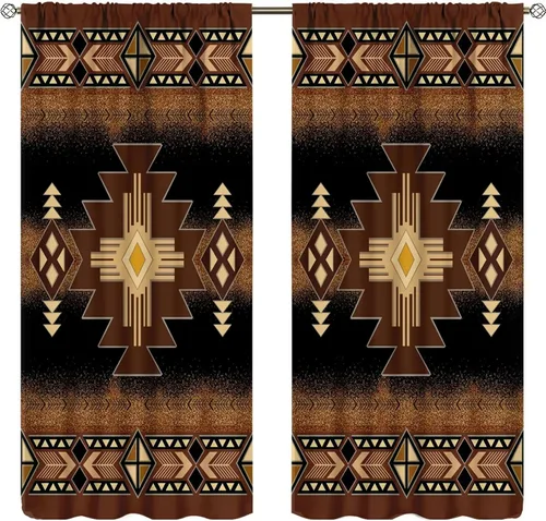 Vista 209 de Cortinas con patrón geométrico tribal, estilo suroeste, azteca, rústico, occidental, nativo americano, opacas, con bolsillo para barra, decoración