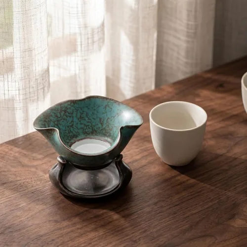 Vista 5 de CALLARON Infusor de té de cerámica, filtro de té de porcelana de hojas sueltas, filtro de té Kungfu con soporte, filtro de café, infusor de té