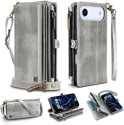 Vista 39 de Funda tipo cartera para iPhone 16 Pro Max con 8 tarjeteros, bloqueo RFID, piel sintética, función atril, abatible, correa de muñeca y correa