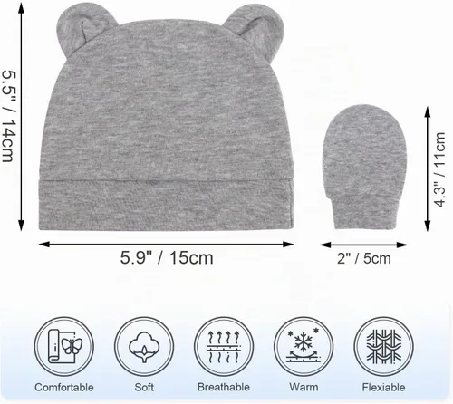 Vista 5 de DRESHOW Gorro de recién nacido con orejas de oso y manoplas, conjuntos de gorro de algodón para prematuros, gorro de bebé para niño y niña, gorro