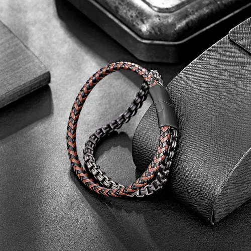 Vista 4 de murtoo Pulsera de cuero y acero, cadena de acero inoxidable y pulseras de cuero para hombre, Sin gemas.