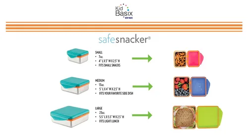 Vista 5 de Kid Basix by New Wave Safe Snacker - Lonchera reutilizable de acero inoxidable de 3 tamaños, incluye 23 onzas, 13 onzas y 7 onzas, reutilizables