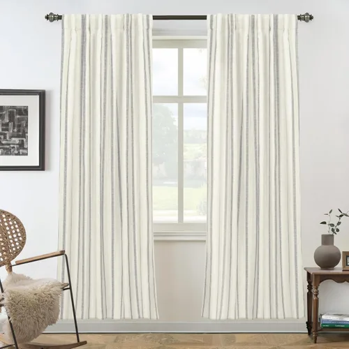 Vista 27 de DriftAway Cortinas opacas de mezcla de lino de granja de 90 pulgadas de largo para dormitorio, cortinas de lino con estampado de rayas verticales