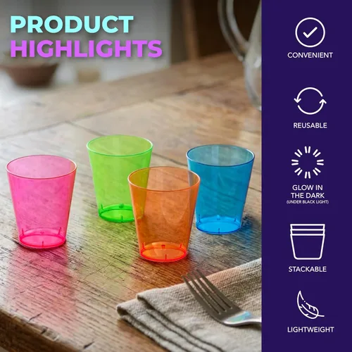 Vista 4 de Party Essentials Vasos de disparo de plástico duro de 2 onzas, 40 unidades, neón surtidos