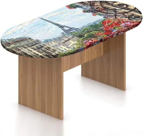 Vista 23 de XISUNYA Mantel ajustable ovalado, decoración de París, funda de poliéster elástico, diseño de horizonte de la ciudad de París con estampado Eiffel