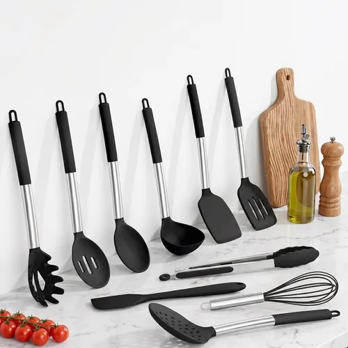 Vista 5 de Onader Juego de 10 utensilios de cocina de silicona, con soporte y mango de acero inoxidable resistente al calor para utensilios de cocina Negro