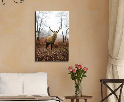 Vista 2 de Impresiones en lienzo para pared, hermosos ciervos rojos/ciervos en un paisaje de bosque brumoso en otoño/otoño Decoración moderna de pared/arte