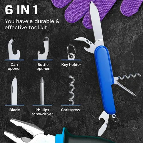 Vista 4 de Cuchillo de bolsillo pequeño 6 en 1 – Llavero multiherramienta – Cuchillo de bolsillo compacto para niños con abridor de botellas, abrelatas