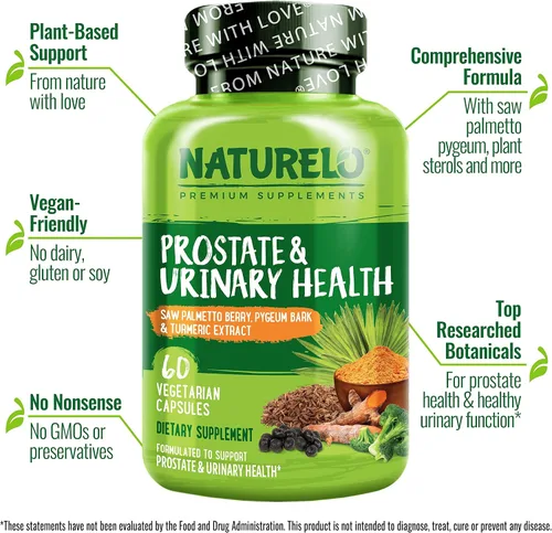 Vista 4 de NATURELO Próstata y salud urinaria, fórmula integral con palma enana americana, pigeo, tumérico, esteroles vegetales, brócoli y licopeno, 60