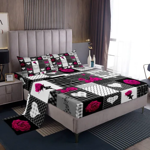 Vista 12 de Juego de sábanas femeninas de flores de rosas rojas, tamaño individual, juego de ropa de cama para el día de San Valentín, decoración de habitación