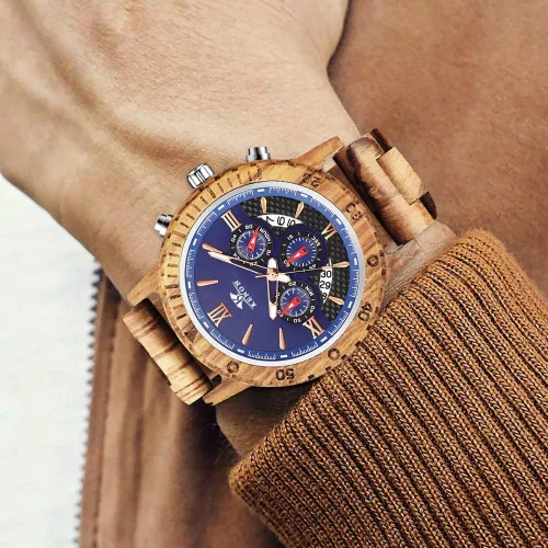 Vista 5 de Relojes de madera grabados personalizados, de lujo, analógicos, de cuarzo, con fecha, cronógrafo, multifuncional, de madera, para hombres