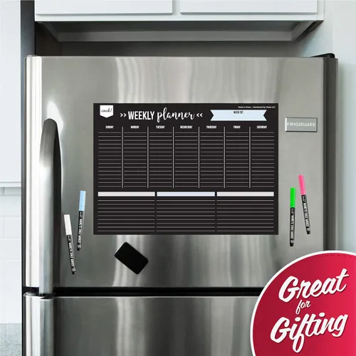 Vista 3 de Cinch! Planificador semanal magnético de borrado en seco de 17 x 12 pulgadas para refrigerador, tablero de calendario semanal negro con 4 marcadores