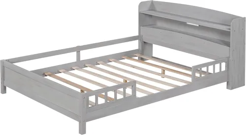 Vista 8 de Harper & Bright Designs Cama de plataforma de tamaño matrimonial con cabecera de almacenamiento, luz LED integrada y barandilla, marco de cama