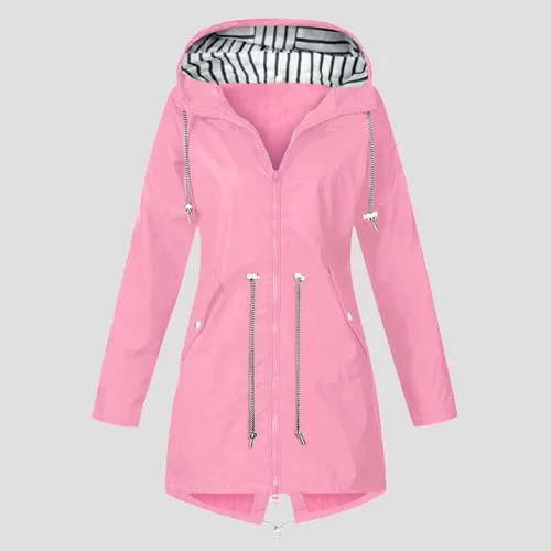 Vista 5 de Chaqueta de lluvia para mujer, ligera, impermeable, plegable, con capucha, cortavientos ajustable, resistente al viento, para exteriores