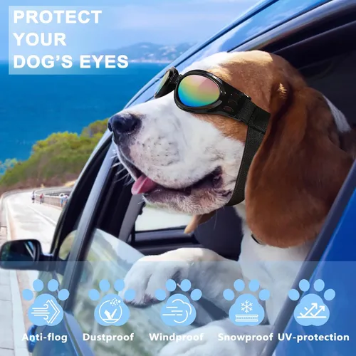 Vista 5 de Anteojos de perro Qumy, protección ocular, anteojos de sol impermeables para perros de más de 15 libras, Negro