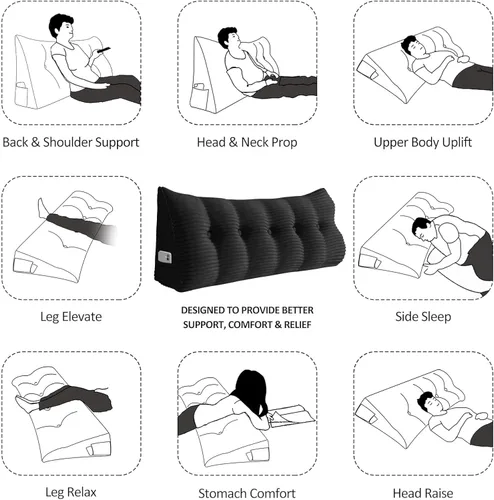 Vista 7 de Almohada de cuña para sentarse en la cama, almohada de lectura para adultos, soporte para respaldo, almohada de cabecero, sofá cama, cojín de Negro