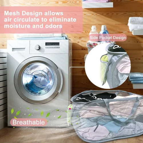 Vista 4 de 2 cestas de malla para la ropa sucia, canastas plegables para la ropa sucia, 75 L, cesta de almacenamiento horizontal con bolsillo lateral y asa