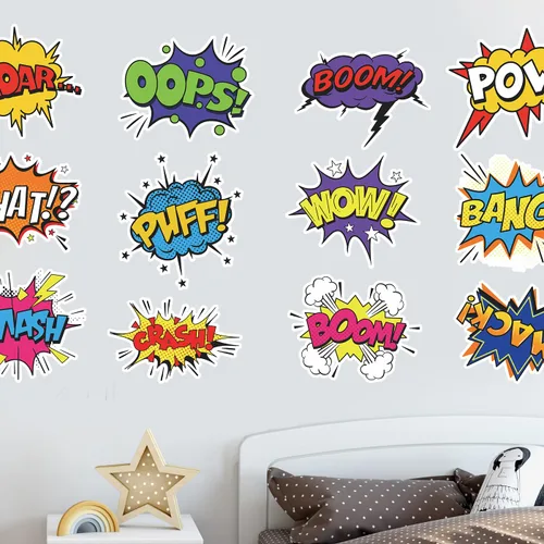 Vista 9 de Calcomanías de pared con palabras de cómic de superhéroe, paquete de 12 calcomanías de efectos de sonido de acción, vinilo impermeable y duradero