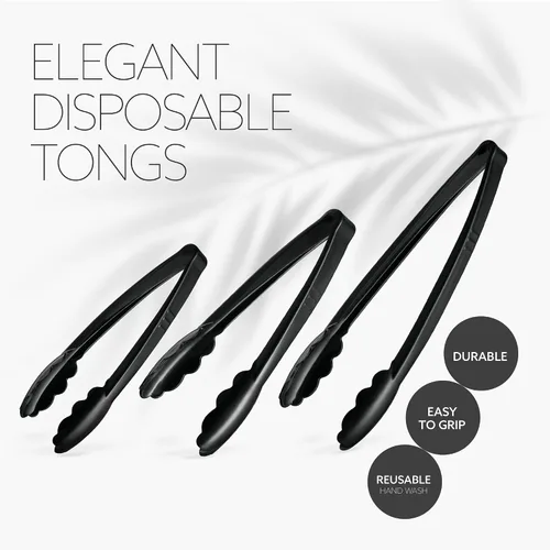 Vista 4 de Plasticpro Juego Combinado de Pinzas para Servir Negras Reutilizables de Servicio Pesado - 4 Piezas (7.5'', 9'', 12'') para Cocina, Barbacoa
