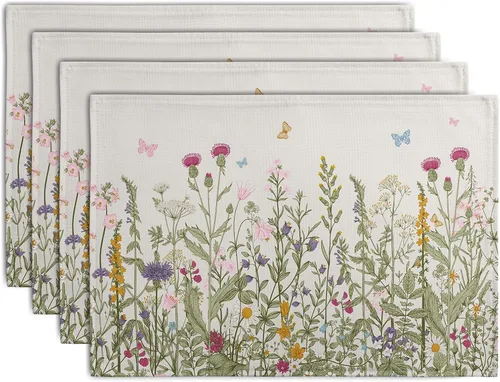 Vista 53 de Juego de 4 manteles individuales del 4 de julio, manteles individuales patrióticos florales con cruces y estrellas del Día de la Independencia y Día