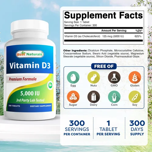 Vista 2 de Best Naturals Vitamina D3 – 300 tabletas – Hecho en Estados Unidos, sin OMG, sin gluten, sin color, sabor ni conservantes artificiales – Suplemento