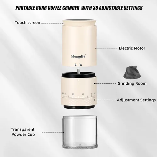 Vista 5 de Mongdio Molinillo de Café Eléctrico Portátil de Muelas con 38 Configuraciones, Molinillo de Café de Muelas Cónicas con Pantalla LED, Carga USB