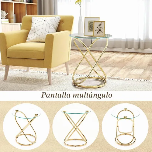 Vista 7 de BECHAEO Mesa auxiliar redonda de vidrio dorado de 19.7 pulgadas con marco de metal chapado en oro en forma de anillo para sala de estar, mesa
