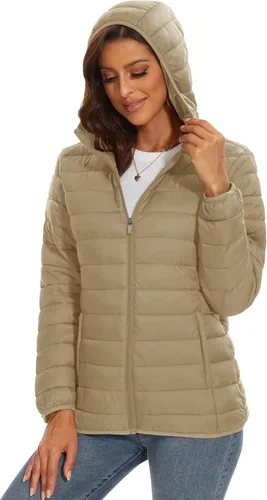 Vista 3 de MAGCOMSEN Chaqueta acolchada con capucha para mujer, ligera, acolchada, con 4 bolsillos, con cremallera, ropa cálida para invierno