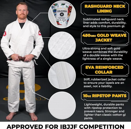 Vista 2 de Gold BJJ Calavera Jiu Jitsu Gi - Kimono de alta calidad con tejido dorado ultra fuerte, uniforme aprobado por la competencia IBJJF, Oro