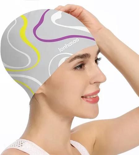 Vista 8 de Gorro de natación de silicona para mujer, gorras de natación impermeables de pelo largo con rayas de color impresas