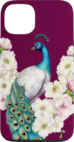 Vista 7 de iPhone 16 Peacock Bird with Long Feathers Watercolor Flowers Case