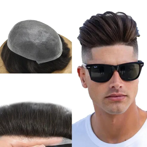 Vista 31 de Toupee - Sistema de reemplazo de cabello humano 100% europeo Remy, 0.002 in, piel ultrafina, pelo de poliuretano para hombre, línea capilar en V