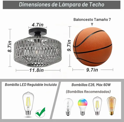 Vista 4 de Lámpara bohemia para techo, lámpara de techo de ratán con bombilla LED regulable, mini lámpara de araña tejida a mano para pasillo, dormitorio Gris