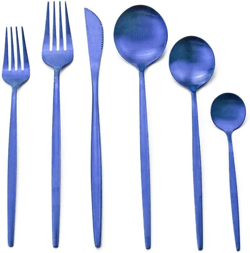 Vista 9 de Juego de cubiertos de 36 piezas de acero inoxidable 304 con acabado de manchas de color negro puro, cuchillo de vajilla de postre, tenedor, cuchara