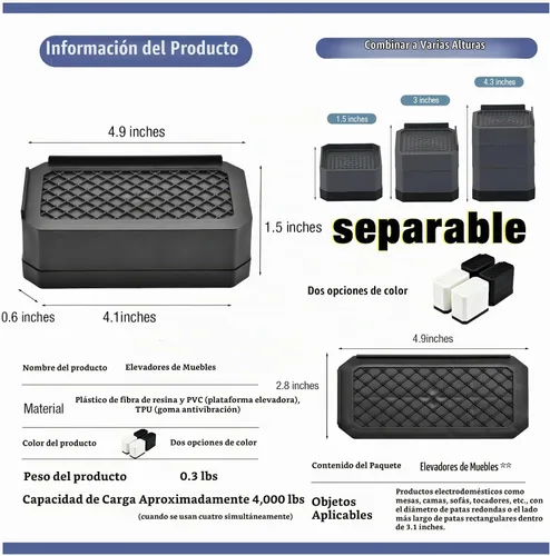 Vista 2 de EclatBain Elevadores rectangulares para cama, elevadores de muebles rectangulares de alta resistencia, con bloques ajustables de elevación de hasta