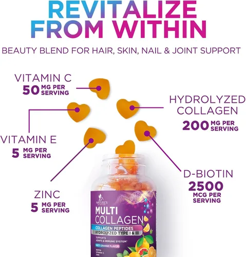 Vista 3 de Gomitas de colágeno – Crecimiento del cabello y apoyo inmunológico, suplemento para la piel y las uñas – 2500 mcg de biotina por porción – Multi