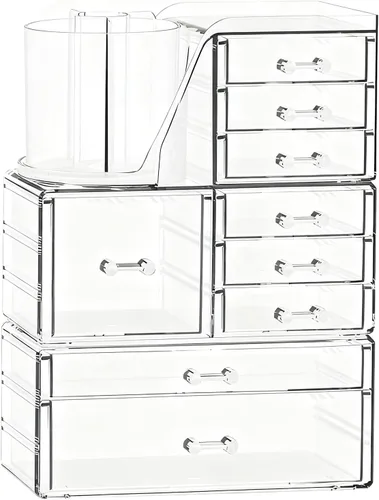 Vista 8 de ShineMe Organizador de maquillaje acrílico, organizador de cosméticos apilable de 2 niveles para tocador con soporte giratorio de 360° para brochas
