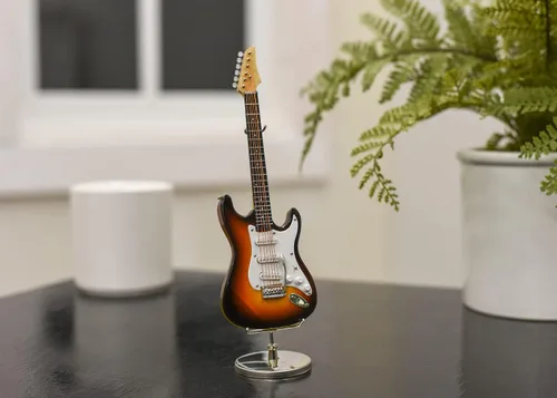 Vista 6 de Broadway Gift Co. Guitarra eléctrica en miniatura marrón oscuro de 7 pulgadas decoración de mesa de madera