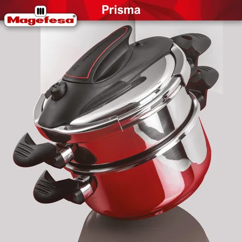 Vista 7 de MAGEFESA Prisma - Olla a presión, 4.2+6.3 cuartos de galón, acero inoxidable 18/10, fácil bloqueo, compatible con inducción, 5 sistemas