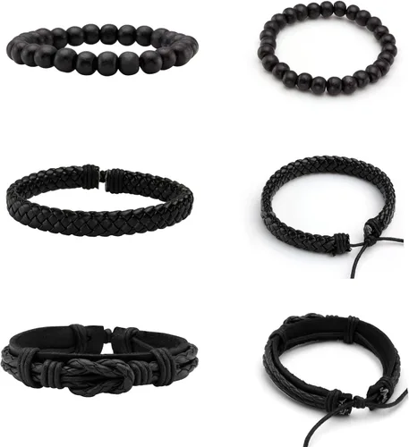 Vista 4 de MILAKOO 6 pulseras de cuero trenzado para hombres y mujeres de madera con cuentas ajustables
