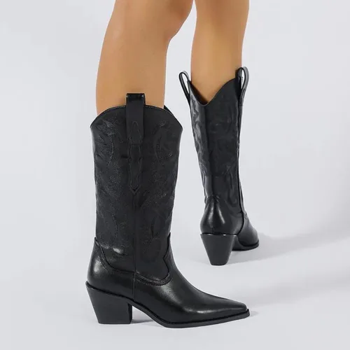 Vista 4 de Mattiventon Botas vaqueras para mujer, bordadas, a media pantorrilla, botas vaqueras vintage, botas occidentales