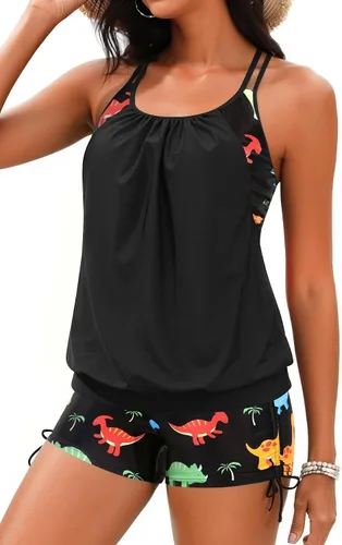 Vista 10 de Holipick Trajes de baño tankini de dos piezas con control abdominal, top de baño tipo blusa con shorts estilo boy shorts Verde Aqua