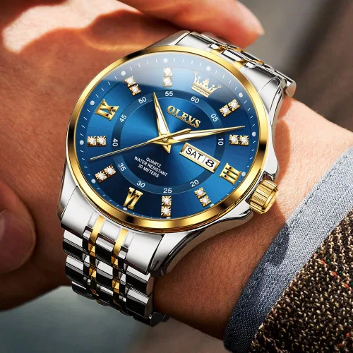 Vista 64 de OLEVS - Relojes de diamantes para hombres, relojes de vestir a prueba de agua, relojes analógicos de cuarzo de lujo con calendario de fecha y correa