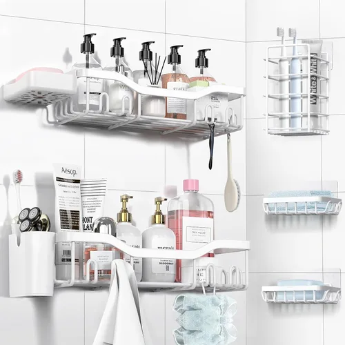 Vista 23 de NESOMI Organizador de Ducha Adhesivo Juego de 7 Piezas, Estantes de Baño de Acero Inoxidable a Prueba de Óxido, Accesorios de Almacenamiento sin